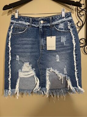 Distressed Denim Mini Skirt - Blue